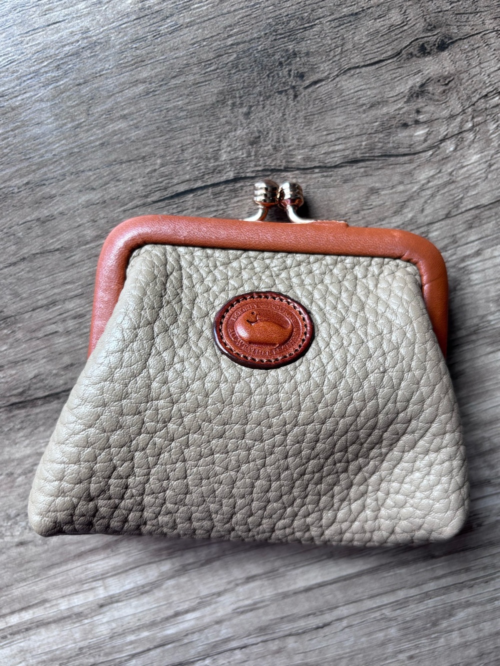 Vintage Dooney & Bourke Beige Pebble Leather Coin Purse with Brown Trim